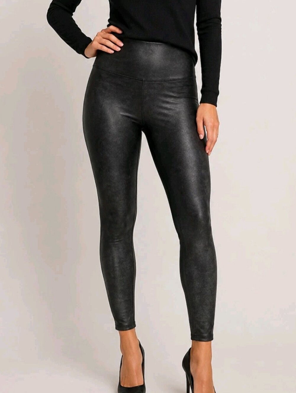 SPANX Faux Leather Leggings Women's Black High Rise Shaping Stretch - Size M